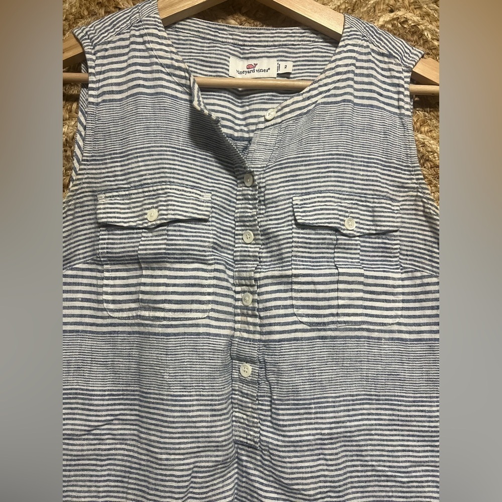 Vineyard Vines Camp Popover Linen Sleeveless Blue & White Striped Top,Size 2 - Picture 3 of 7